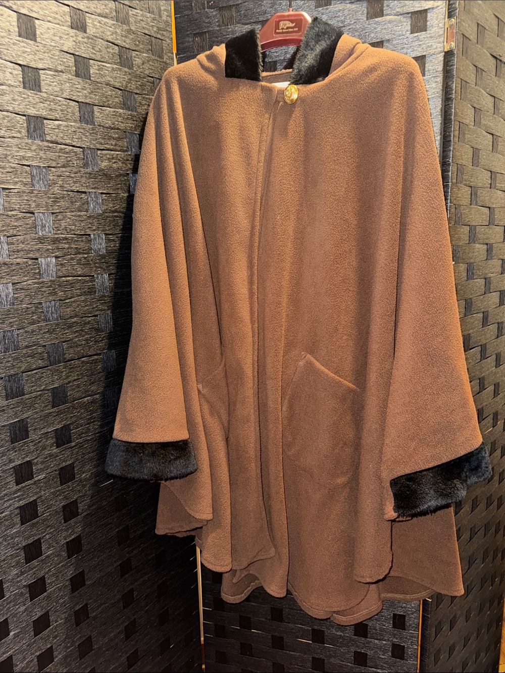 Vintage Brown Hooded Cape Sweater with Faux Fur Trim